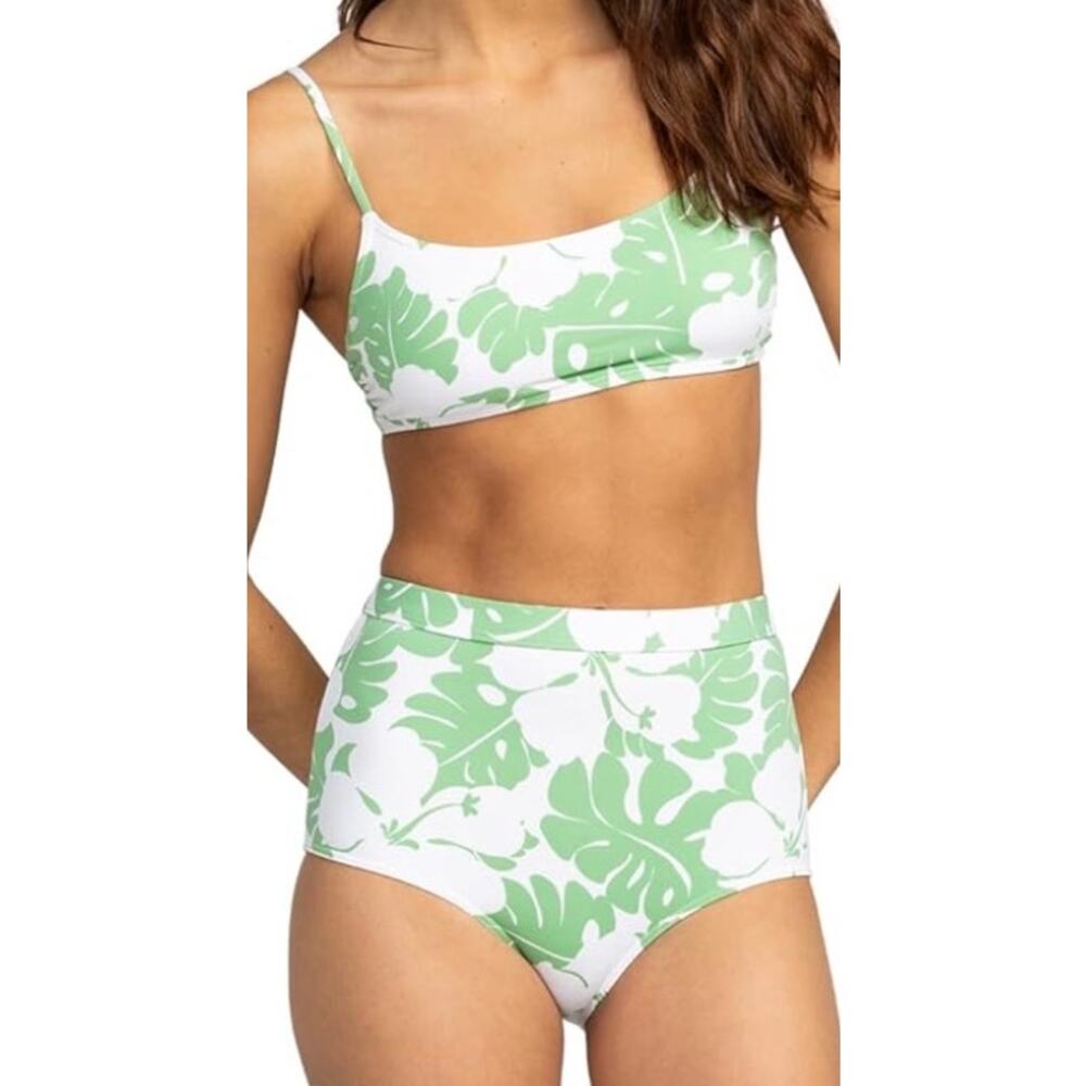 Roxy OG Green White Floral Bralette Bikini Top and High Waist Shorty S NWT
